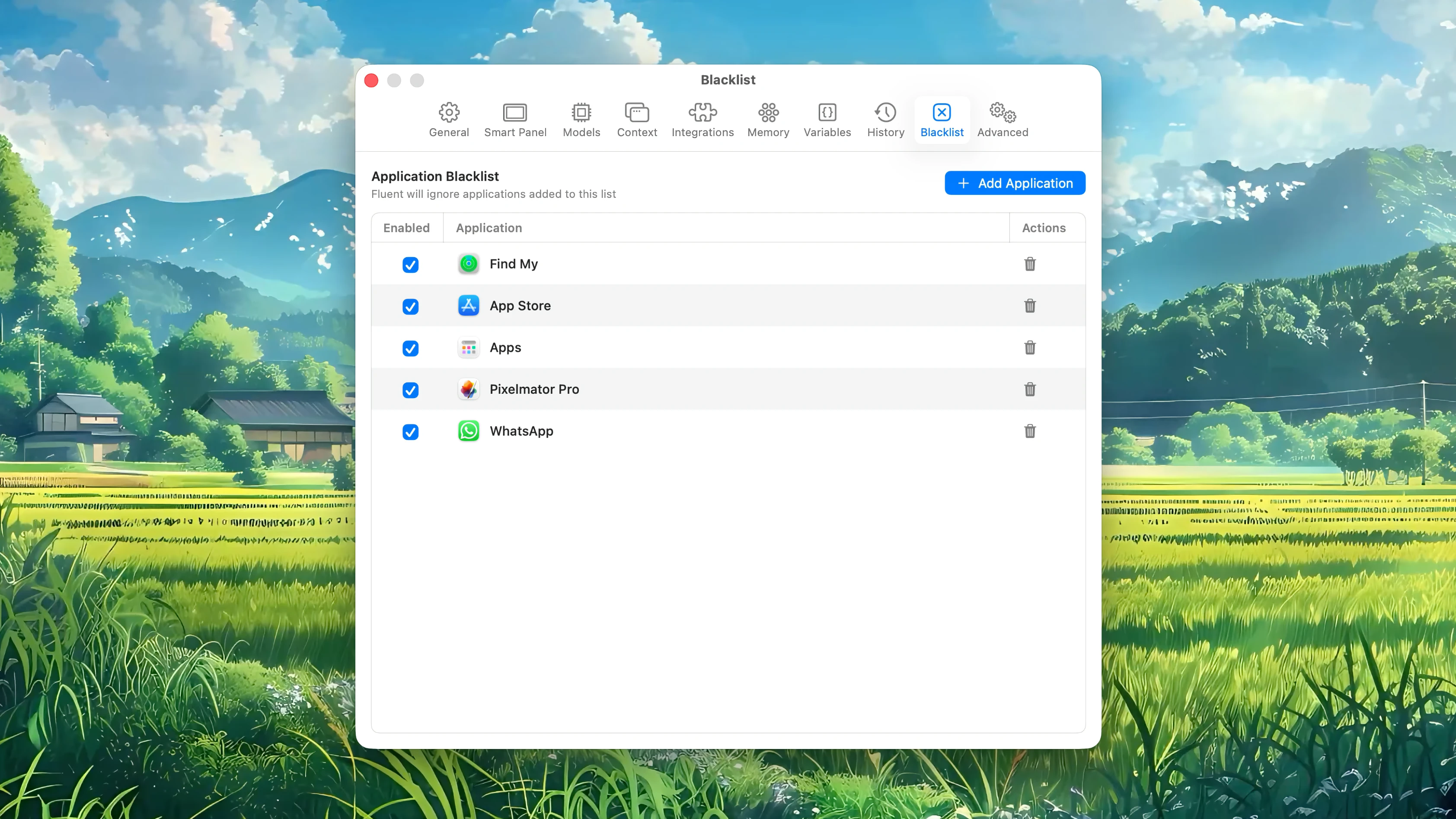 Fluent – Blacklist Settings