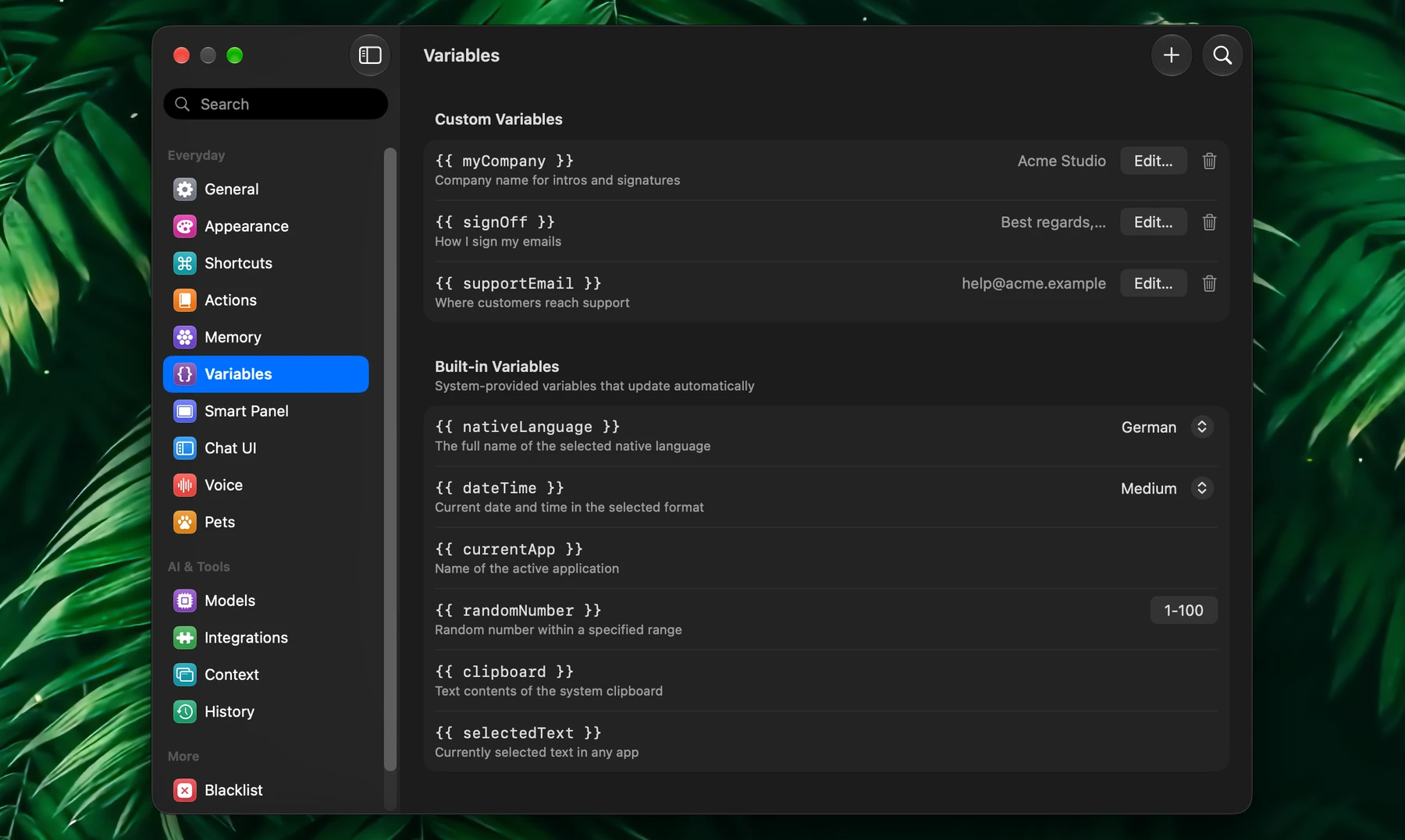 Fluent – Variables Settings